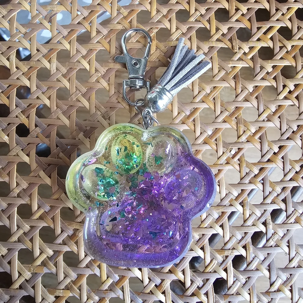 Handmade Beautiful Beacon Resin Purple and Green Paw Purse Charm Key Chain